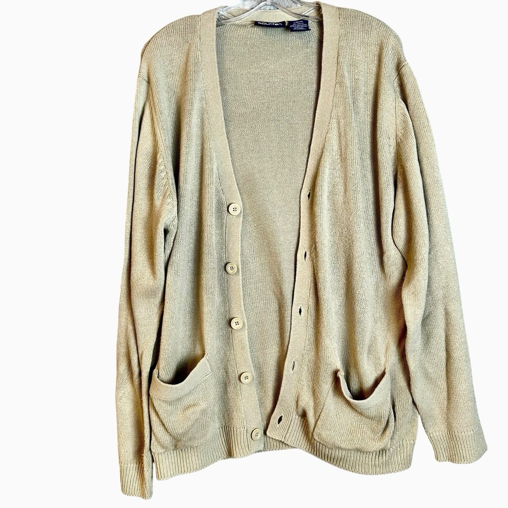 Vintage Puritan Sweater Mens Large Beige Acrylic Button Cardigan Pockets Grandpa